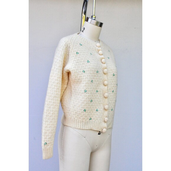 50s WOOL Floral Embroidered Cardigan GORGEOUs Little Bue Flowers Chunky XS - S - Picture 5 of 10